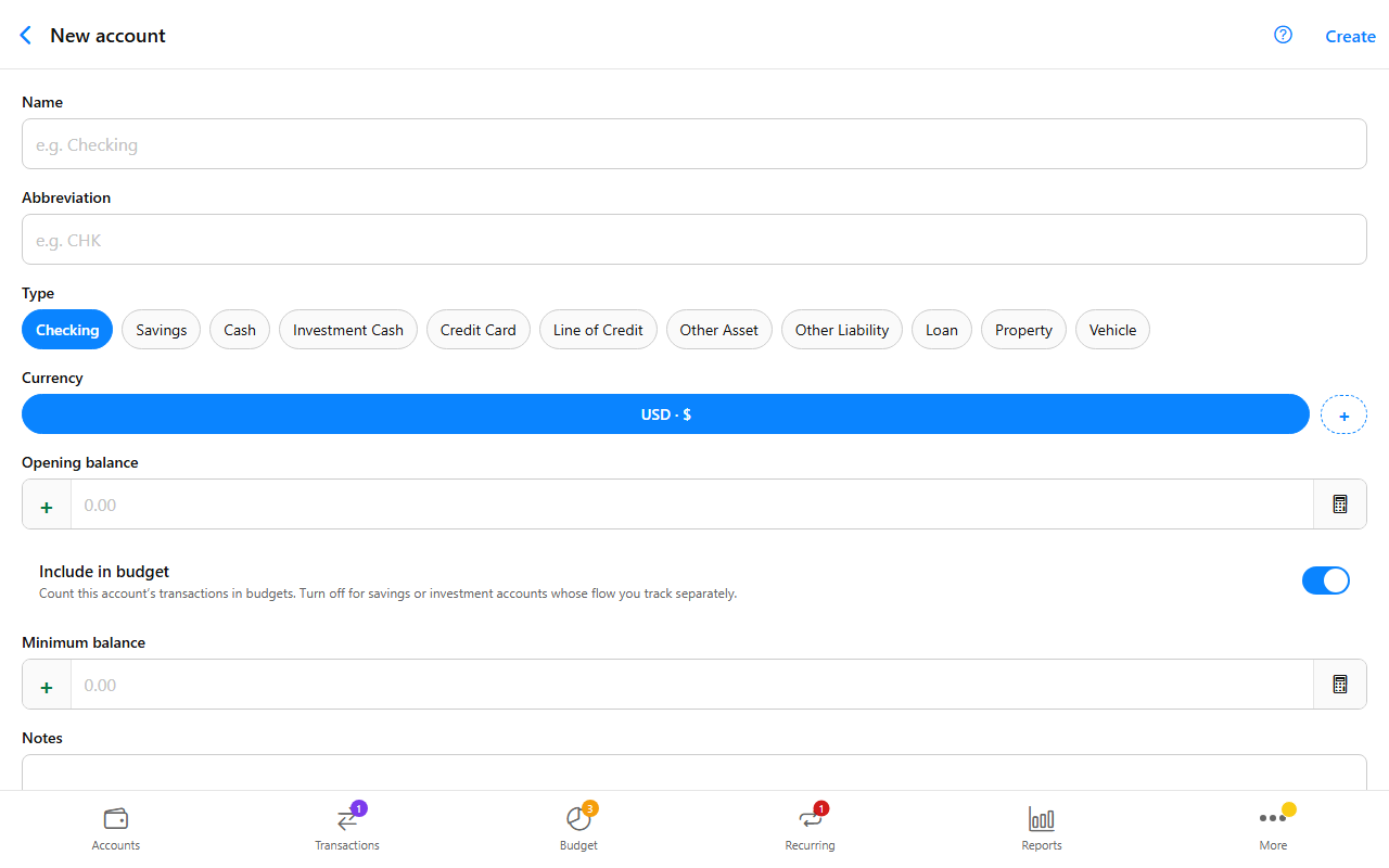 Account screen