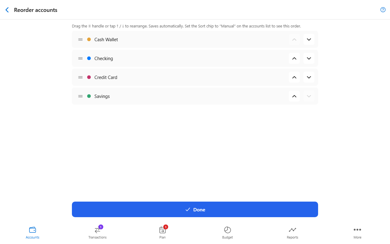 Reorder accounts screen