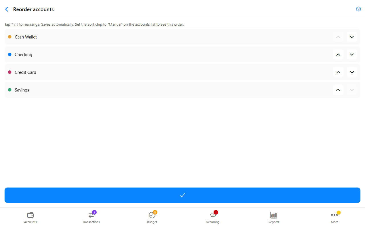 Reorder accounts screen