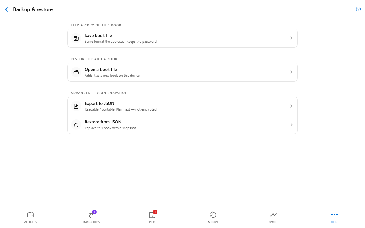 Backup & restore screen