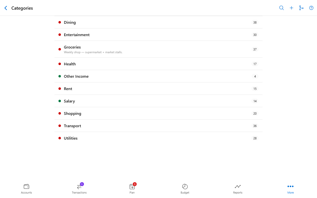 Categories screen