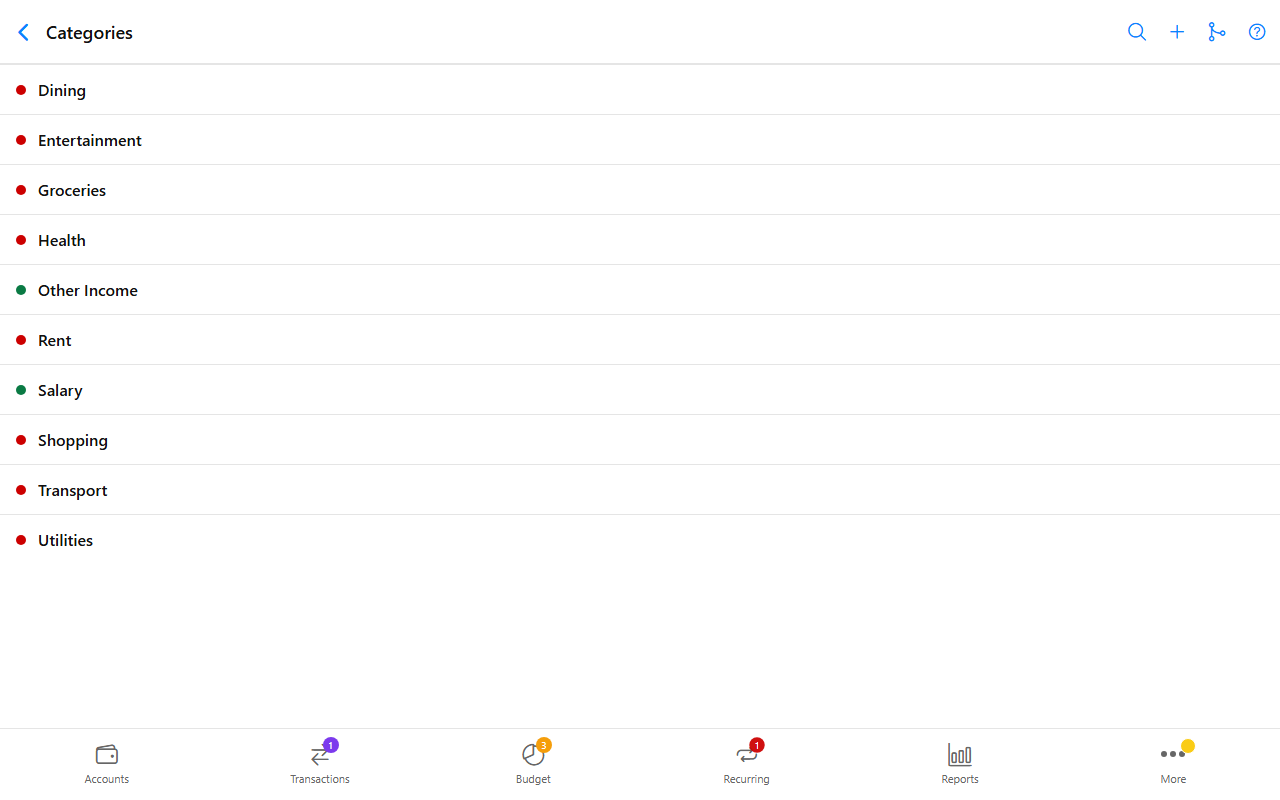 Categories screen