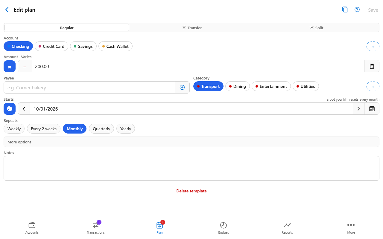Category budgets screen