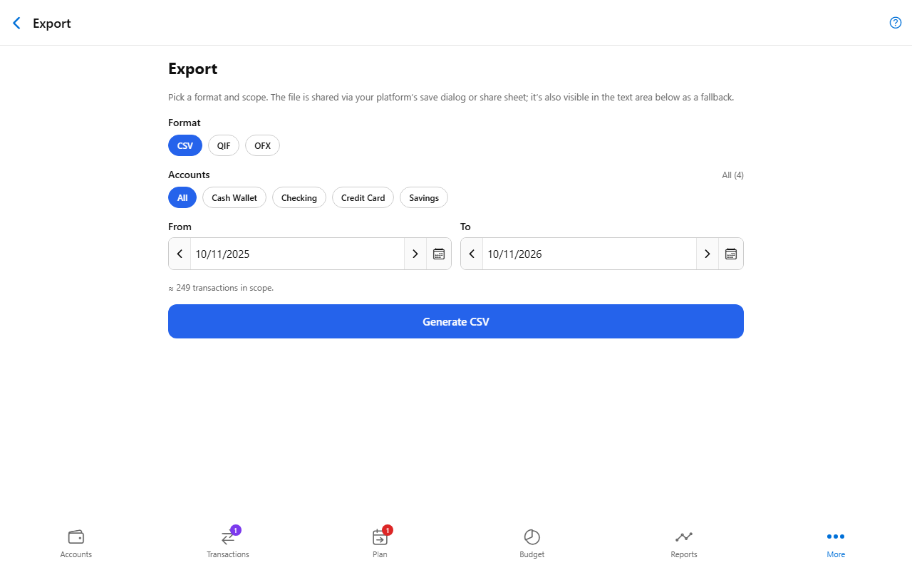 Export to CSV screen