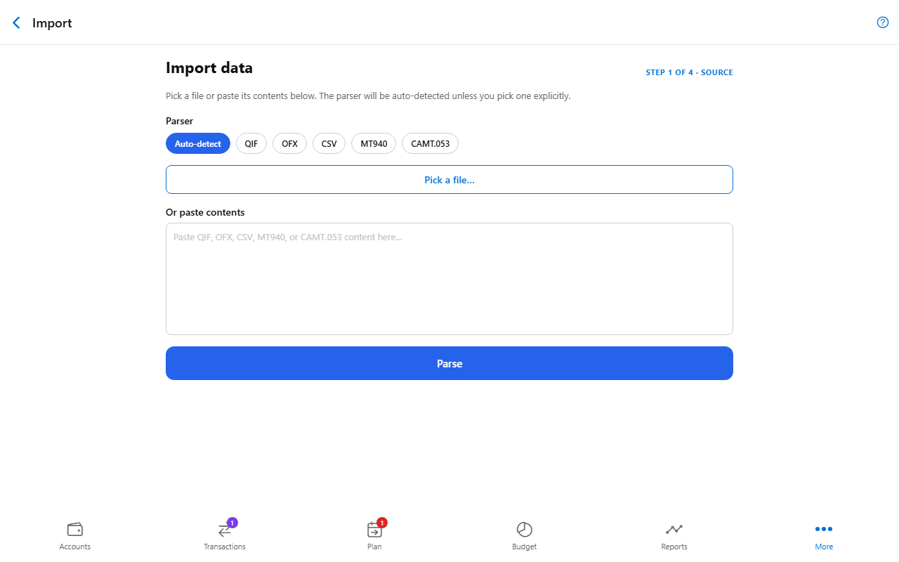 Import data screen