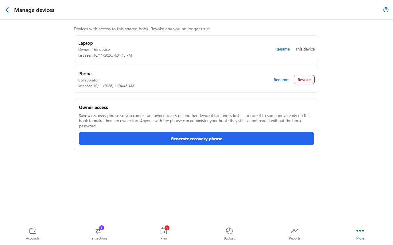 Manage devices screen