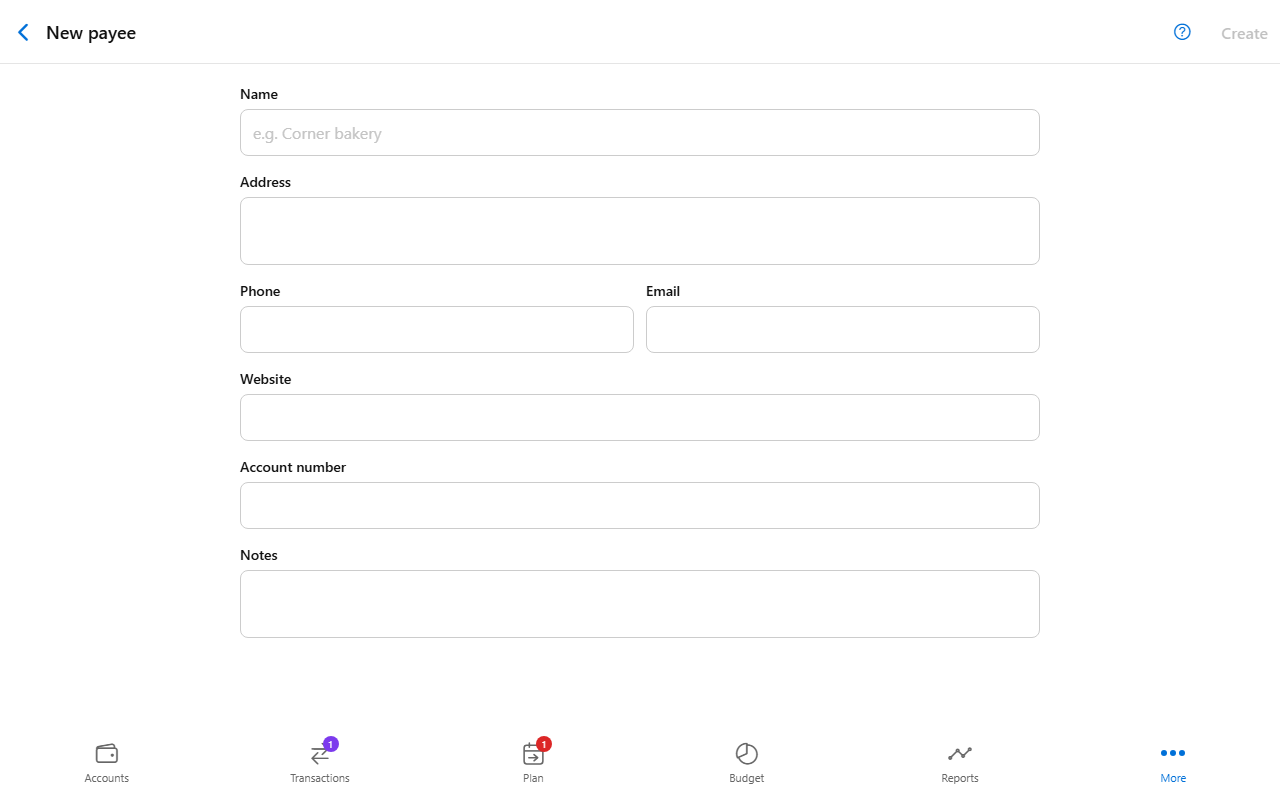 Payee screen