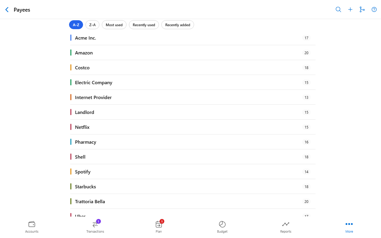 Payees screen