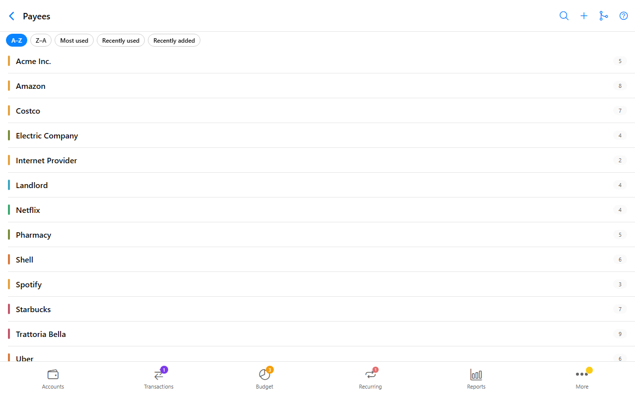 Payees screen
