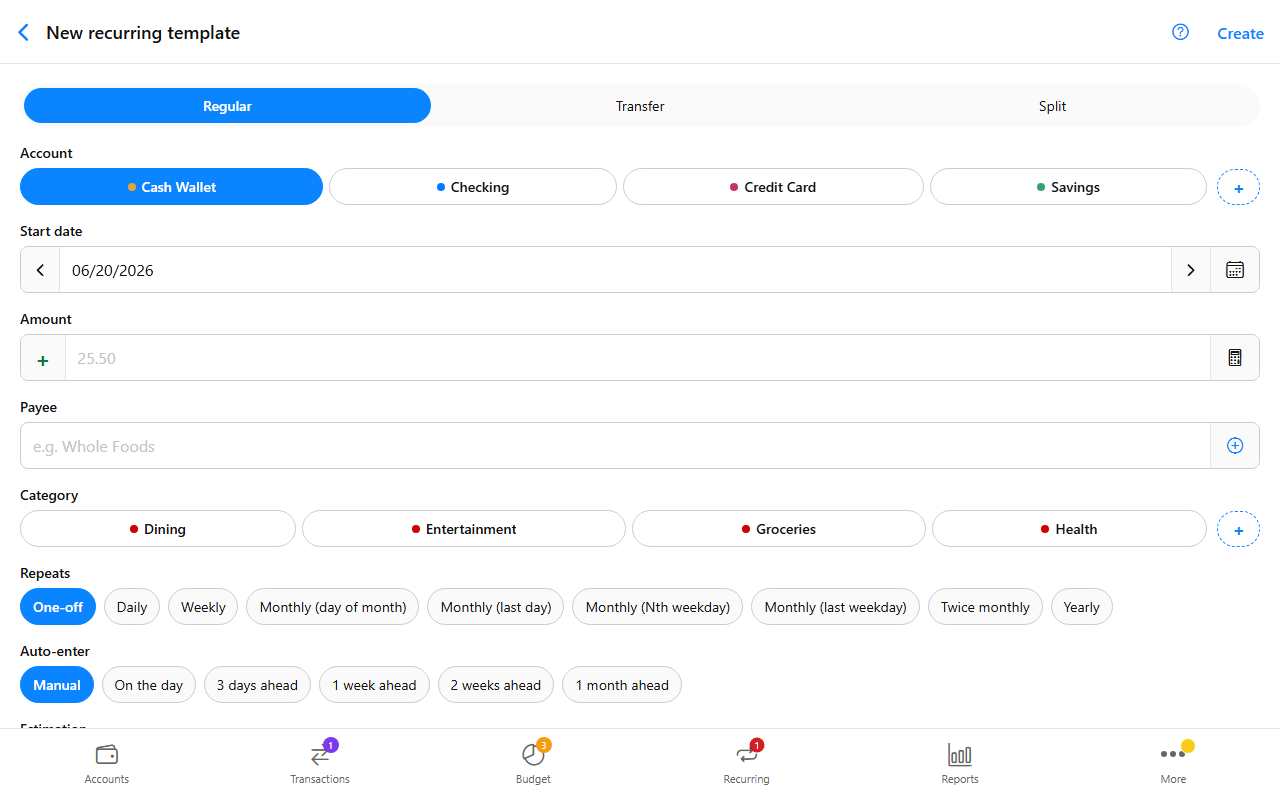 Recurring template screen