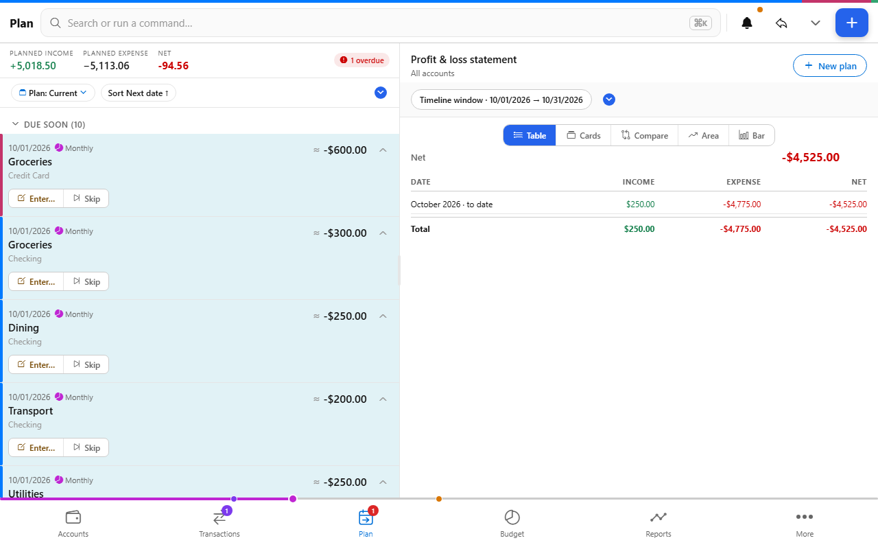 Recurring templates screen