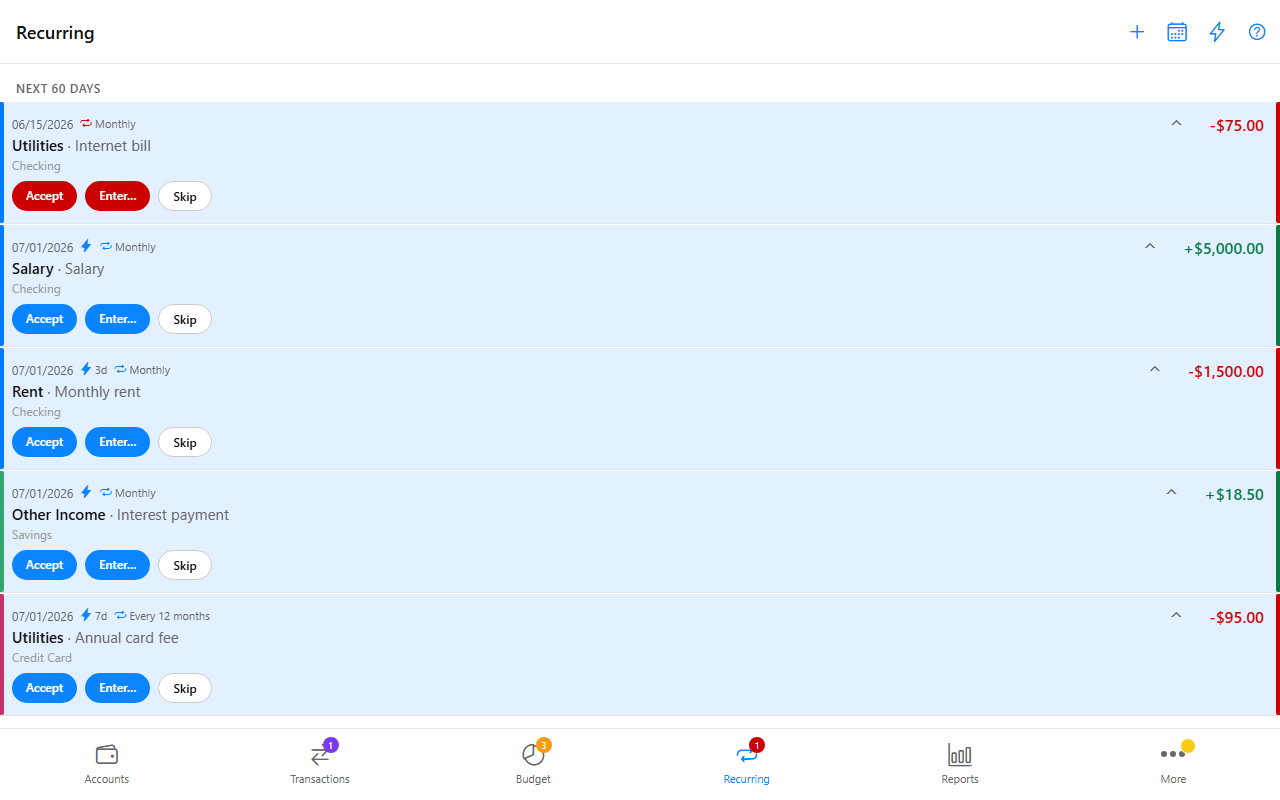 Recurring templates screen