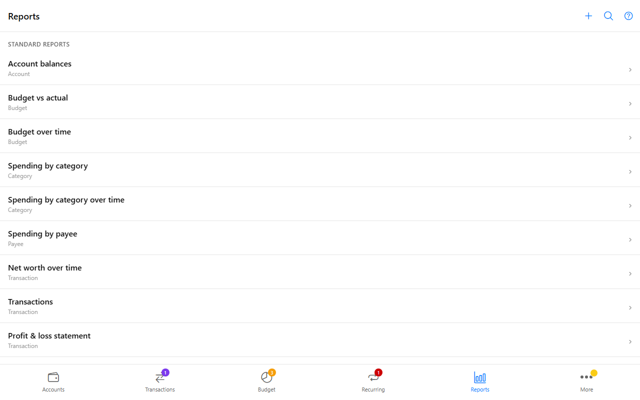 Reports screen