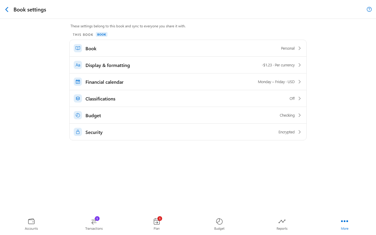 Book settings screen