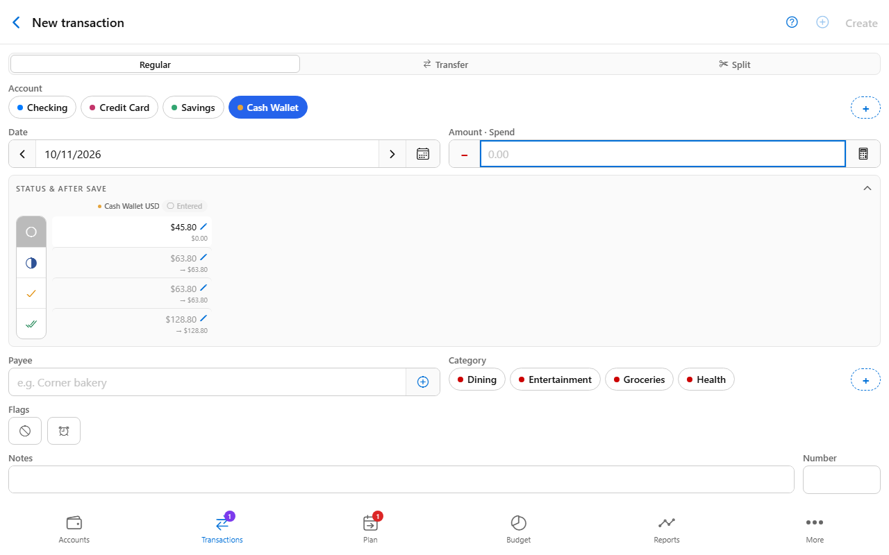 Transaction screen