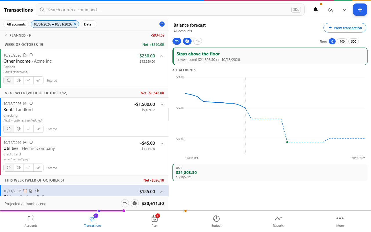 Transactions screen