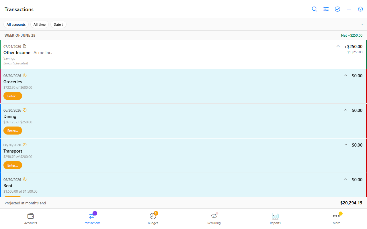 Transactions screen