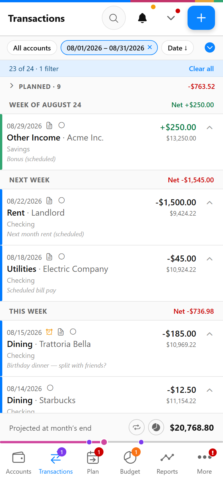 **Transactions** — the month at a glance: running balances, weekly nets, and the projected month-end total.